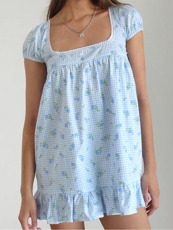 Motel Rocks Dresses & Skirts - Motel Rocks Light Blue Gingham Floral Puff-Sleeve Babydoll Dress